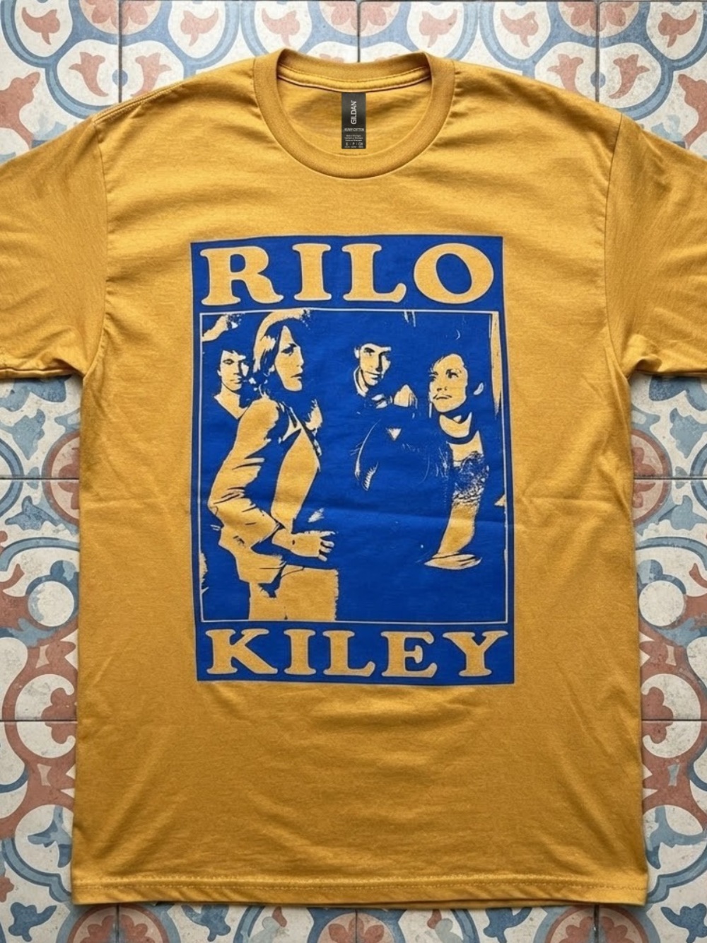 Gildan Mustard Yellow Rilo Kiley Band Tee with Blue Print